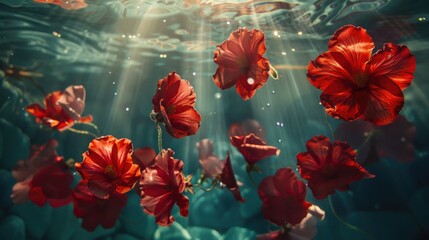 Poster - A group of vibrant red flowers drifting on the surface of the water, surrounded by calmness and serenity