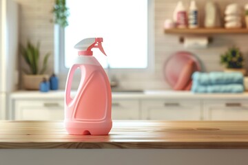 Poster - A pink spray bottle sitting on top of a wooden counter, perfect for use in cleaning or organization