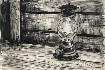 Aufkleber - A simple illustration of a lamp sitting on a table, rendered in shades of gray
