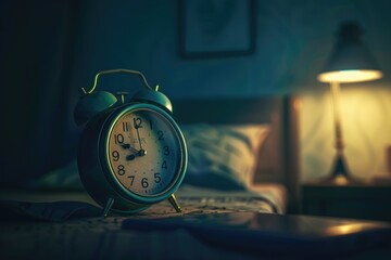 Aufkleber - A green alarm clock sits on the edge of a bed, ready to wake someone up