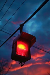 Poster - A red traffic light suspended from a power line against a clear blue sky, symbolizing caution and warning