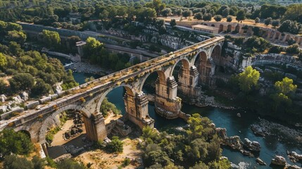 Aufkleber - Aerial view of a bridge crossing a river with calm waters and surrounding landscape