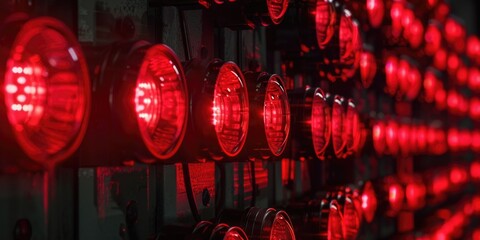 Aufkleber - A row of red traffic lights mounted on a wall, suitable for use in urban or industrial settings
