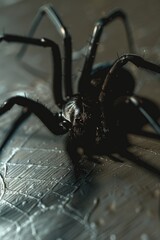 Poster - A big spider sits on top of a wooden table, its legs spread out in all directions