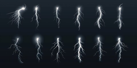 Poster - Photograph of lightning flashes on a dark background, suitable for use in weather reports or nature-themed designs