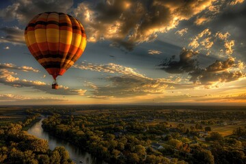 Poster - Aerial view of a hot air balloon soaring above a dense and vibrant forest