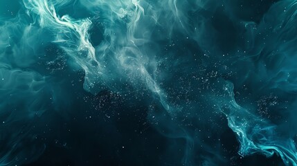 Wall Mural - teal to deep blue gradient with smoke-like textures and tiny glowing particles background