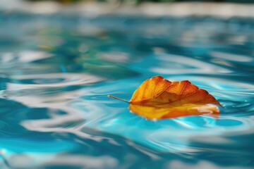 Poster - A single leaf is seen floating on the surface of a pool of calm water