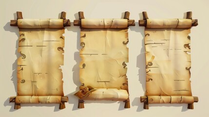 Poster - Three ancient scrolls hung on a stone wall with intricate carvings