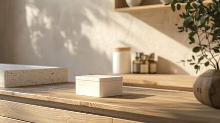 Poster - A box sits on top of a wooden counter next to a potted plant