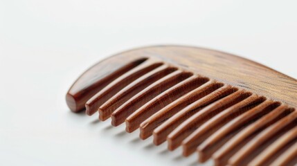 Poster - A close-up shot of a wooden comb lying on a white surface, suitable for use in product photography or as a texture