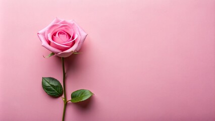 Wall Mural - Pink rose on pink background flat lay top view with copy space , blooming, flower, rose, pink, background, minimal