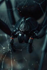 Poster - A close-up view of a black spider perched on the center of its intricate web