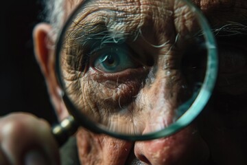 Poster - A close-up view of someone looking at something through a magnifying glass, great for representing curiosity or investigation