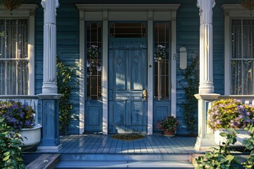 Aufkleber - A photo of a blue house with a blue front door, suitable for use in real estate listings or as a decorative image
