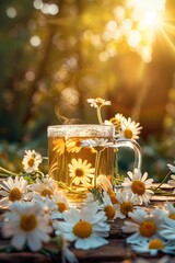 Poster - A cup of tea and some daisies arranged on a table, perfect for a cozy afternoon