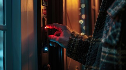 Poster - A person presses the button on a door, likely to open or close it