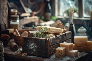 Poster - A wooden box filled with various types of soap