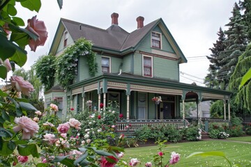 Poster - A greenhouse with a beautiful display of pink roses outside