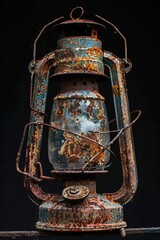 Poster - A close-up shot of an old rusty oil lamp sitting on a black background