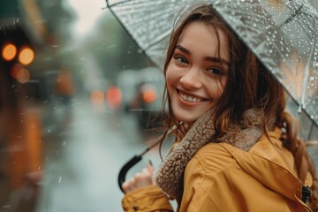 Poster - A woman holding an umbrella on a rainy day