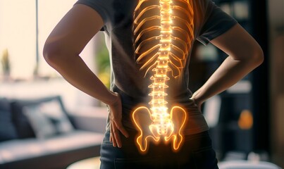 Woman suffering from lower back and hip pain, glowing x-ray, home healthcare