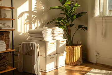 Poster - Stacked towels and a potted plant sit on a wooden shelf
