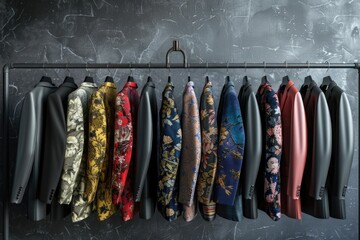 Sticker - A rack of men's suits hanging on a wall, perfect for fashion and lifestyle images