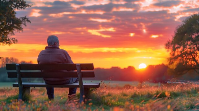At sunset, an elderly man sits on a bench gazing at the horizon, symbolizing hope after a profound loss.