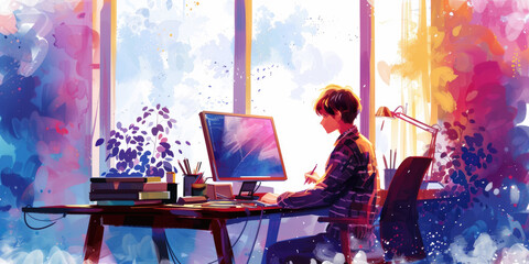 Poster - A digital painting depicting a person sitting at a desk in front of a computer, working on a digital painting. The person is using a stylus and the room is filled with natural light