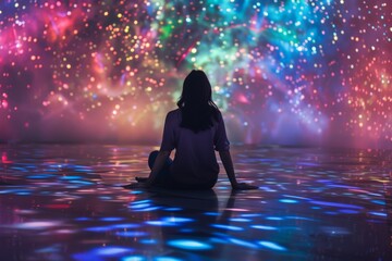 Woman Sitting in a Room with a Colorful Light Show.