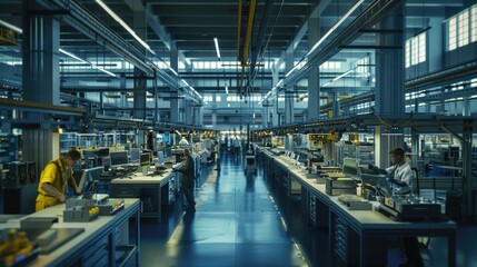 Aufkleber - A bustling factory floor with machinery and employees hard at work