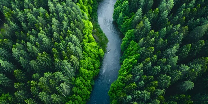 River flows through forest factory waste contaminates water dramatic photo style. Concept River Pollution, Environmental Impact, Industrial Contamination, Nature Photography, Documentary Imagery