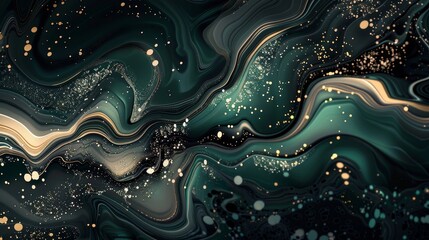 Swirling patterns on emerald to black gradient with gold and white light spots. background