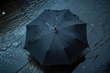 Poster - A black umbrella sits on top of a wet sidewalk, waiting for its owner