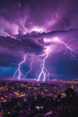 Poster - A dramatic scene of purple lightning illuminating a city at night, with dark clouds and urban landscape