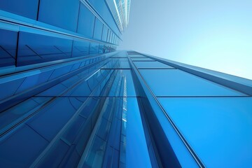 Wall Mural - A high-rise building with a transparent facade and a blue sky in the background, suitable for use in urban landscape or architecture designs