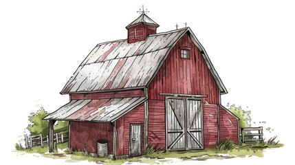 Aufkleber - A classic red barn with a distinctive steeple on the roof, perfect for rural or country-themed images