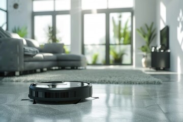 Poster - A robotic vacuum cleaner sits on a floor in a living room, ready to clean
