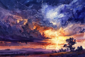 Poster - A vibrant sunset with fluffy clouds and flashes of lightning, great for travel or weather-themed designs