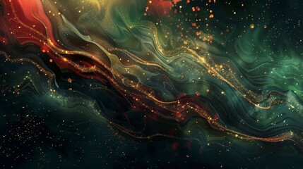 Wall Mural - Gradient from green to black with swirling gold and crimson patterns light spots. background