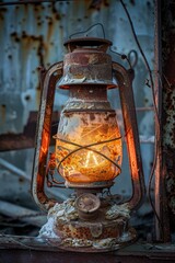 Wall Mural - A close-up shot of a rusty lantern with a lit candle inside