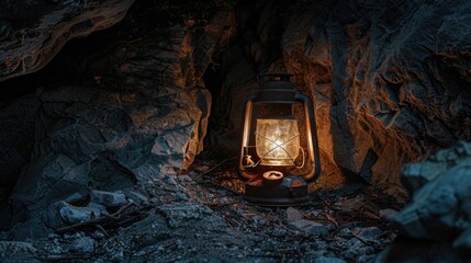 Wall Mural - A lantern illuminates a dark cave, providing a warm glow