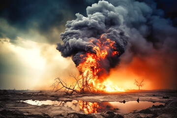 Wall Mural - A towering inferno erupts from an oil well, casting an ominous shadow over a barren landscape