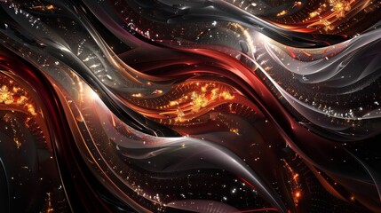 Wall Mural - Gradient from maroon to black with fractal silver and gold patterns light particles. background