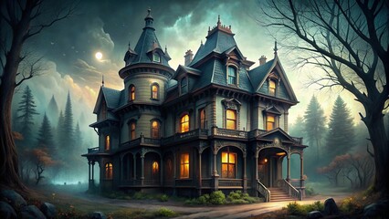 Creepy villa with a haunted mansion-inspired design , haunted, spooky, eerie, abandoned, old, mansion, gothic, scary
