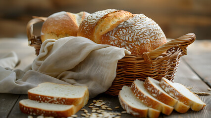 Wall Mural - sourdough bread and sliced sourdough in a small wicker basket on the table.