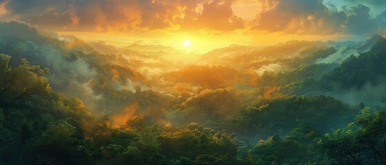 Wall Mural - Golden Sunrise Over Foggy Forest.