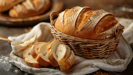 Wall Mural - sourdough bread and sliced sourdough in a small wicker basket on the table.