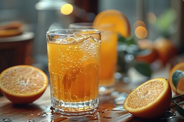Sticker - A glass of orange juice with ice and oranges placed on a table